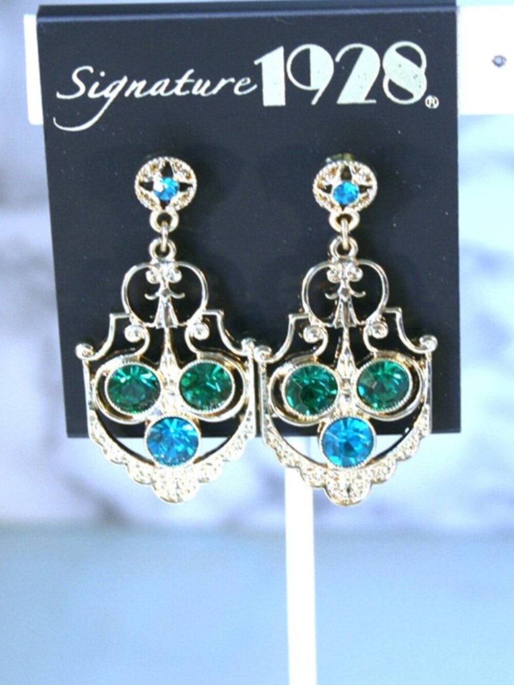 1928 JEWELRY Antiqued Gold Victorian Filigree Blue & Green Crystal Earrings**NEW - Picture 2 of 3